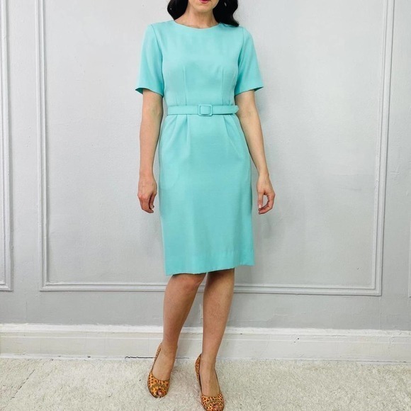 Vintage 80s Teal Blue Belted‎ Dress - Picture 2 of 4